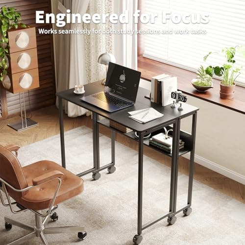 Djioyer Folding Desk with Storage Shelf, Space Saving Computer Desk, Foldable Writing Table on Wheels, Writing Study Desk, Easy Assembly, for Home Office Small Space Black — view 6