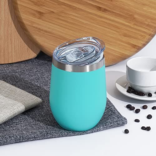 Reusable Coffee Cup, Double Walled -Insulated Travel Mug Vacuum Stainless Steel Wine Tumbler with Spill Proof Lid, Great for Hot & Cold Drinks - Coffee, Wine, 12oz/340ml (4 Piece Set, Aqua Blue) — view 3