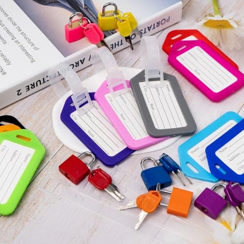 10 Pack Luggage Locks with Key+ 10 Pack Travel tag, Luggage Tags for Suitcases Bag Tags Name Tags, Mini Padlocks Durable Locks for Suitcases Backpacks Boxes Cabinet and Laptop Bags (Colorful) — view 6