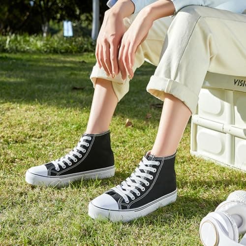 Womens High Top Canvas Sneakers Lace up Canvas Shoes, Black, 6 UK — view 2