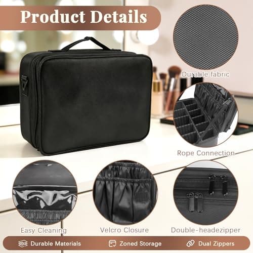 Makeup Bag Extra Large Travel Make Up Bag with Adjustable Compartment Professional Vanity Case Cosmetic Bags Makeup Organiser Bag Beauty Box Train Case Hairdressing Tools and Shoulder Strap, Black — view 6