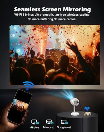 VGKE Mini Projector Portable 4K Support, Autofocus/Keystone Correction 15000 Lumens Projector Full HD with 90° Rotatable Stand, WiFi6 Bluetooth Smart Projectors for Home/Outdoor/Phone, White — view 6