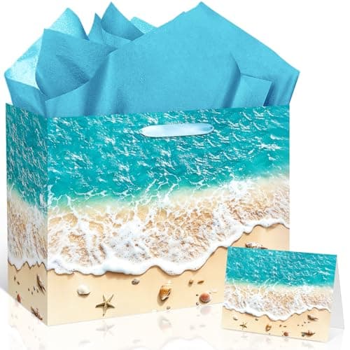 Beach Gift Bag with Tissue Paper and Card Summer Beach Goodie Candy Bags Seashell Blue Ocean Wave Summer Pool Party Favors Supplies for Holiday Birthday Wedding Luau Tropical Party