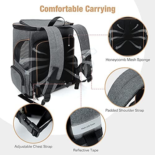 Lekesky Expandable Cat Carrier Backpack - Portable Breathable Rucksack for Medium and Small Cats & Dogs, Foldable with Inner Escape-proof Leash and Pet Mat, Supports 15 lbs (Grey) — view 5