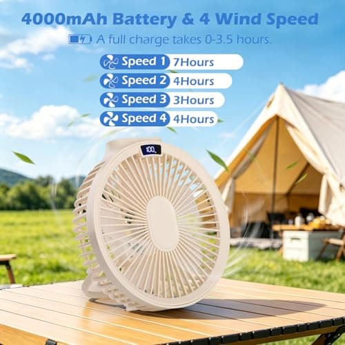 Hianjoo USB Desk Fan, Small Mini Table Fan with Remote Control, Quiet with Timer Function, Hanging Camping Fan with LED Light, 4 Speeds, Power Bank, LED Display, 4000mAh, Beige — view 4