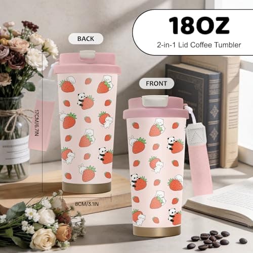 NEIUJADK Strawberry Stainless Steel 2-in-1 Lid Coffee Tumbler 18 oz Cute Strawberries Print Insulated Travel Coffee Mug Strawberry Themed Gifts for Women Girls Birthday Christmas — view 2
