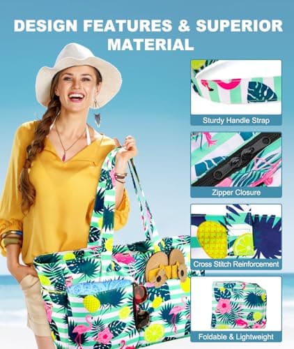 ISEYOU Extra Large Beach Bag, Waterproof Beach Bags with Zip, Lightweight Foldable Beach Tote Bags, Large Capacity Multi-Pocket Beach Bags for Women, Perfect for Pool Shopping Travel Vacation Gym — view 6