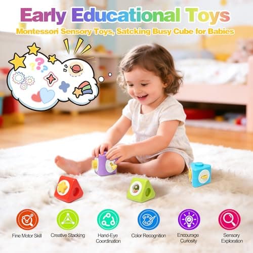 JoyLife Travel Toys for 1+ Year Old, Montessori Stacking Toys 12-in-1 Activity Cubes for Toddlers, Sensory Stacking Blocks for Plane & Car, First Birthday Gifts for Boys Girls — view 2