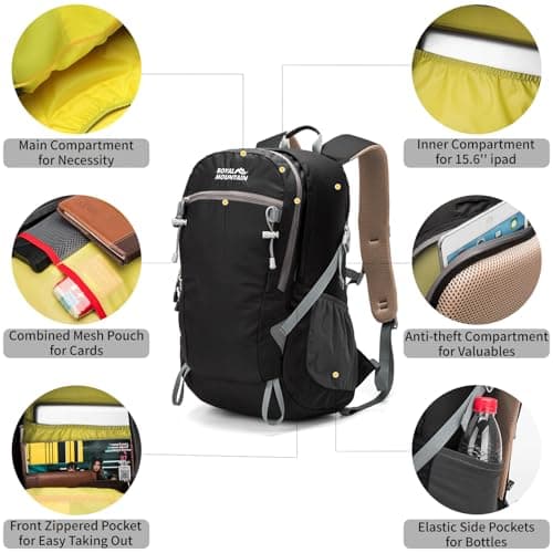 POWER KING Lightweight Hiking Backpack with Rainproof Cover 20L Foldable Travel Rucksack Bag for Women Men Outdoor Casual Daypack for Student, Fit for 14 inch Laptop (Mirror Black, 20L) — view 5