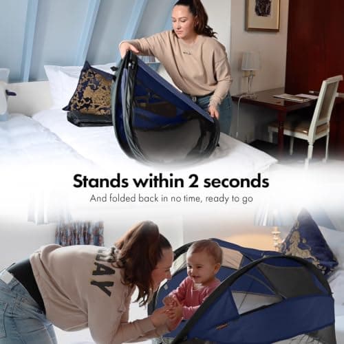 DERYAN Baby Travel Cot with Mattress from Birth to 2.5 Years - Pop Up Bed Tent Set Up in 2 Seconds - Includes Mosquito Net and Travel Bag, Fast & Compact Folding, Lightweight (Navy) — view 4