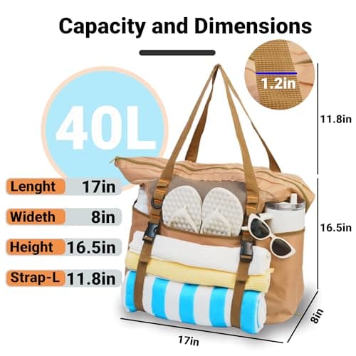 kokkoya Brown 40L Large Mesh Beach Bag with Zip for Family Pool & Travel — view 3