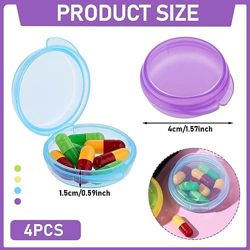 WLLHYF Small Pill Box, Cute Pill Case Portable for Pocket Purse Daily Round Mini Pill Organizer Travel Pill Case Medicine Storage Container Earplug Case 4 Pack (4pcs-Blue/Yellow/Green/Purple) — view 2