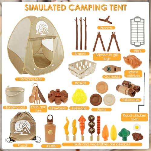 Kids Camping Set with Tent,30Pcs Kids Set,Portable Pop Up Play Tent Kit Cooking Utensils and Play Food Camping Gear Kit Funny Kid Pretend Campings Tool for Boys Girls — view 4