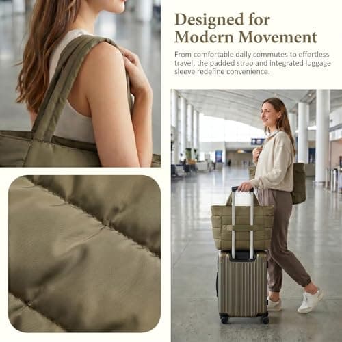 ZJEEACO Puffer Tote Bags for Women, Quilted Handbag for School, Waterproof College Bag with Zip, Lightweight Laptop Tote Bag with Compartments for University Work Gym Beach Travel Swim (Olive Khaki) — view 5