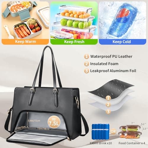 Jetviivid Laptop Tote Bag with Insulated Lunch Compartment, PU Leather Briefcase for Women, Waterproof Laptop Handbag Computer Shoulder Bag for Business, Office, Work (Black, 15.6 inch) — view 5