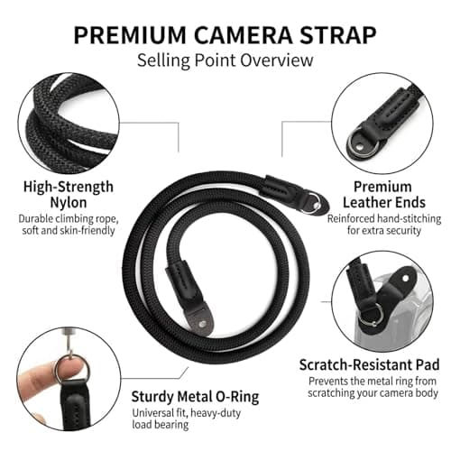 Dazvyn Professional Camera Strap, 100cm Heavy Duty Rope Camera Neck Strap for DSLR, Mirrorless & Micro Single, High Strength Nylon Rope with Premium Leather, Retro Style (Black) — view 3