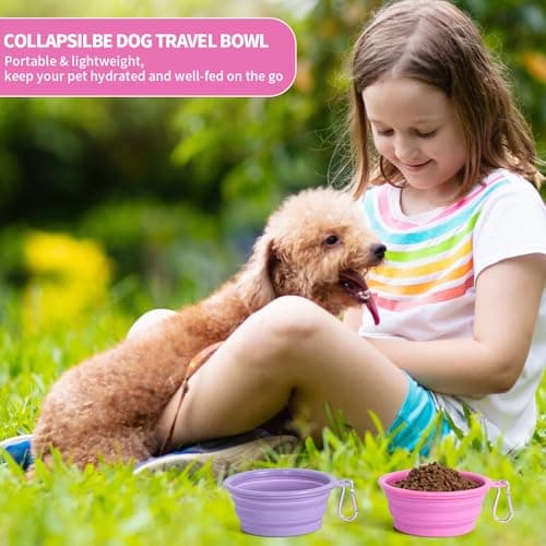 SLSON Collapsible Dog Bowl, 2 Pack Macaron Color Foldable Travel Dog Feeder Bowl Portable Silicone Pet Food Water Dish for Dogs Cats Camping Hiking (Macaron Rose and Violet) — view 4