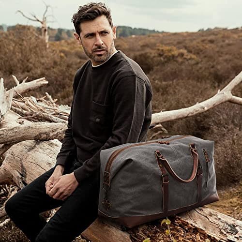 S-ZONE Mens Canvas Leather Holdall Travel Duffle Overnight Weekend Satchel Totes Bag Handbags (Grey (Big Size: 54 x 23 x 42CM)) — view 2