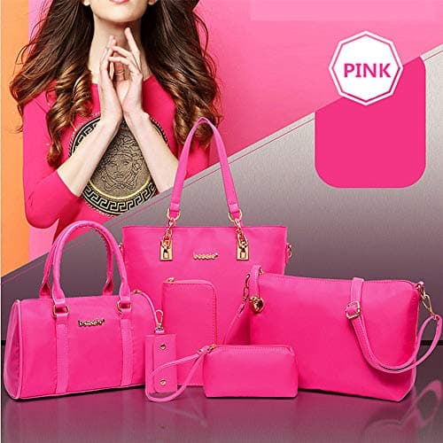 AlwaySky Nylon Women's Shoulder Bag 6 PCS Top-Handle Handbag Tote Purse Wallet Key Case Set (Pink) — view 2