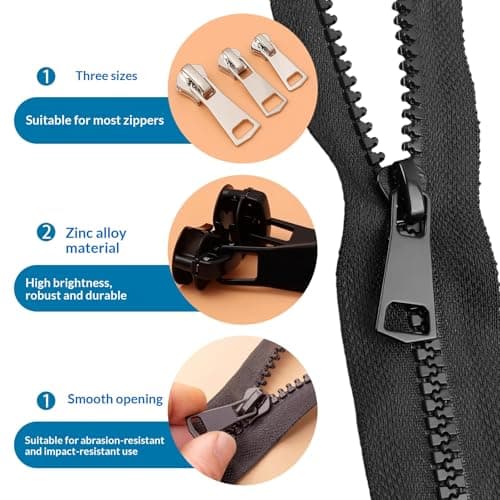 12 Pcs Zip Replacement, Universal #3#5#8 Black and Silver Zip Repair, Stainless Steel Zipper for Jackets, Suitcases, Coats — view 4