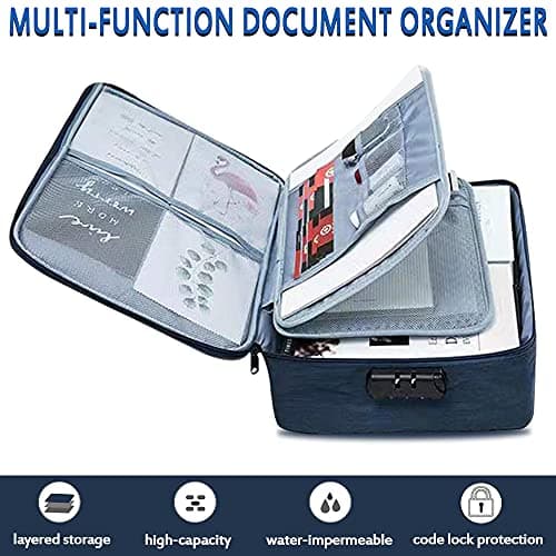 Safe Document Bag with Lock, Multi-Layer File Storage Box, Document Organizer Bag for Home Office Travel,Portable Storage Bag For Ipad,Cash,Jewelry,Passport,Certificates(Navy) — view 2