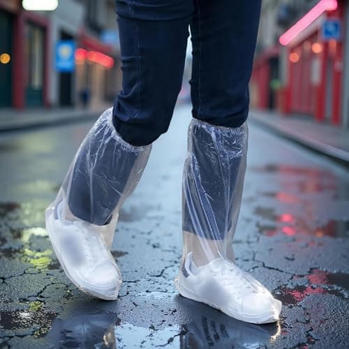 Aihoom 10 Pairs Waterproof Shoe Covers Boot Covers, Long Disposable Non-Slip Waterproof Boot Covers, Thickened Overshoes Shoe Rain Protector Covers for Men and Women (Transparent) — view 5