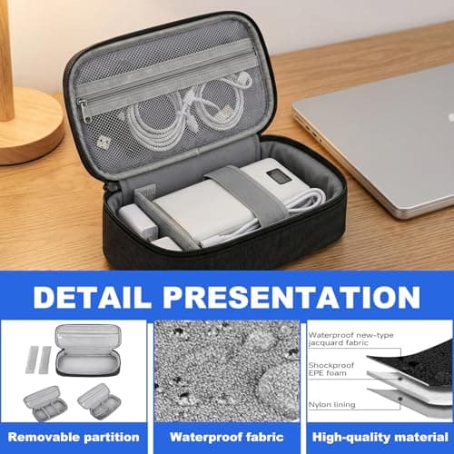 Solvio Electronics Organiser Bag, Rigid Travel Tech Pouch Bag with Handle, Waterproof Shockproof Cable Storage Case with Removable Dividers for Chargers, Cords, Power Bank, Hard Drive, Black — view 5