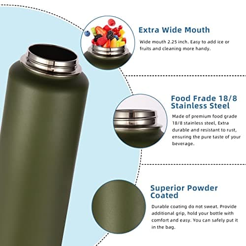 Volhoply 1200ml Insulated Water Bottles Paracord Handle, Stainless Steel Sports Bottle with Spout Lid, Reusable Double Walled Vacuum Metal Travel Cups with Wide Mouth for Adults (Army Green, 1 Set) — view 4