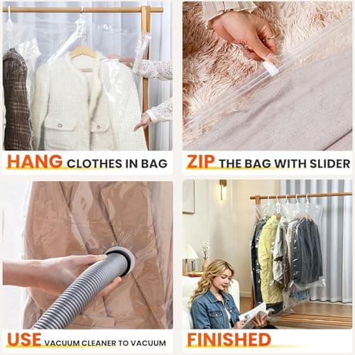 Hanging Vacuum Storage Bags 4 Pack 135x70 cm - Space Saver Vacuum Compression Bags Reusable for Clothes,Wardrobe,Coats,Suits & Dresses - Clear Closet Organiser - Work with Any Vacuum Cleaner — view 6
