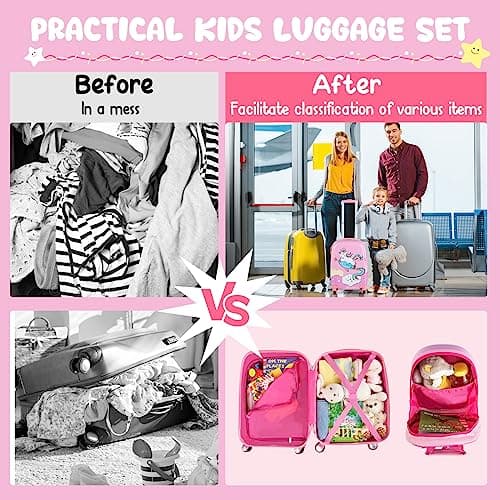 HOMFME 2 PCS Kids Luggage Set, Children Suitcase and Backpack Set with Adjustable Handle and Universal Wheels, Hard Shell Toddler Trolley Case for Travel School (12 + 18 Inch, Pink Unicorn) — view 6