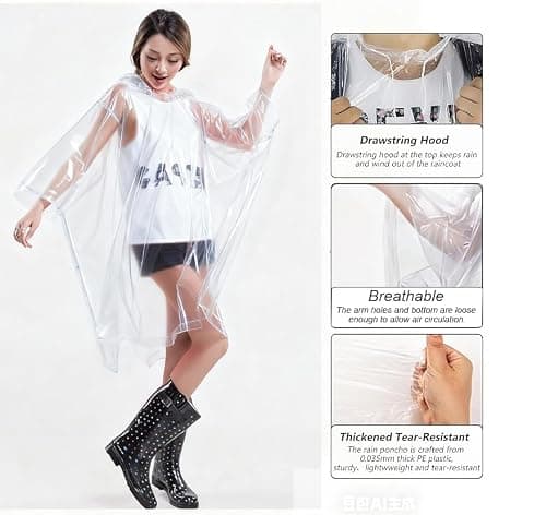 2 Pack Rain Poncho Waterproof Adult - Festival Poncho - Waterproof Poncho - Thickened Portable Adult Emergency Disposable Waterproof Raincoat with Drawstring Hood for Festival , Camping, Theme Parks — view 3