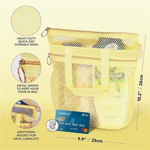 DV Lifestyle Mesh Shower Bag 25 x 26cm Caddy with Zipper & 2 Pockets. Quick-Dry Portable Toiletry Tote for Bathroom, Gym, Travel, Camp, Beach, for Sunscreen, Dorm & College Essentials (Yellow) — view 3