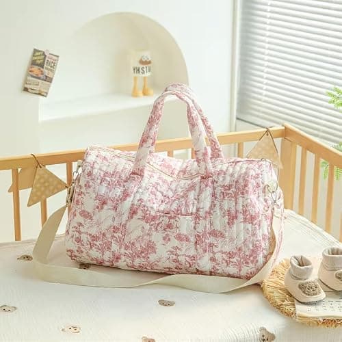 GSenhui Quilted Duffle Bag for Women Cute Baby Hospital Bag Floral Duffel Bags (Pink Floral-2) — view 2