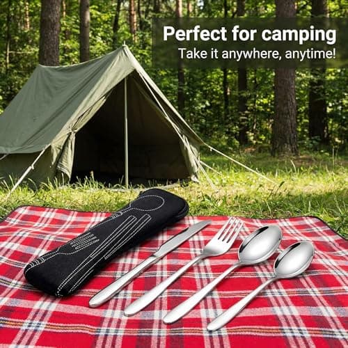 4pcs Portable Stainless Steel Cutlery Set, Reusable Flatware Utensils with Pouch for Camping Travel Picnic Office School Lunch Box — view 6