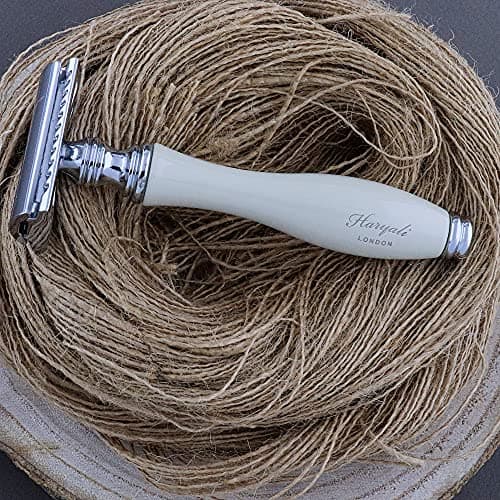 Haryali London, Double Edge Safety Razor with Leather Pouch – Reusable Travel Safety Razor for Men – DE Razor for Close Smooth Shave – Wet Shaving Razor Off White — view 3