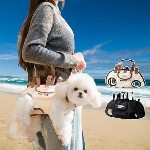 HIPIPET Dog Carrier Backpack, Portable Pet Shoulder Bag with Leash, for Small Dogs 1.8-8.2 kg, Beige (Brown, M) — view 3
