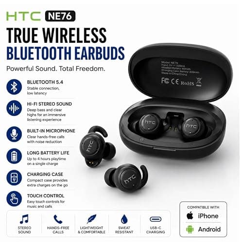 HTC NE76 Mini Sleep Earbuds for Side Sleepers, 3g Low-Profile Bluetooth 6.0 Wireless Earphones with AI Translation and USB-C Charging Case, Black — view 2