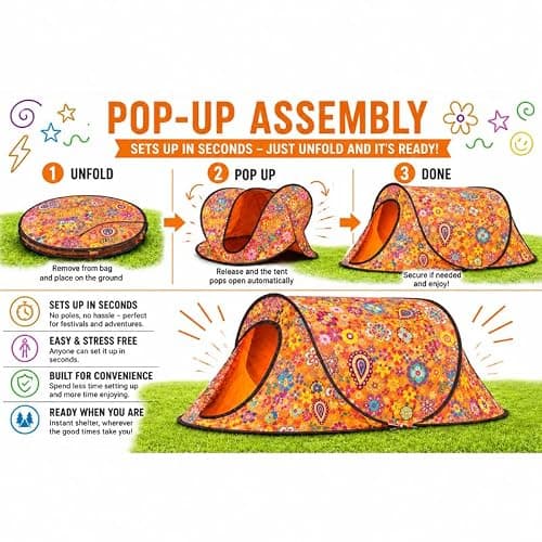 2 PERSON POP UP FESTIVAL TENT, WATERPROOF INSTANT CAMPING TENT, EASY PITCH SHELTER, ORANGE FLORAL DESIGN. — view 5