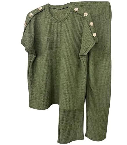 Womens Short Sleeve Round Neck Gold Button Shoulder Popcorn Texture Tracksuit Ladies Airport Two Piece Set Matching Wide Leg Crop Pants Track_suits Lounge Sets (KHAKI, 20-22)