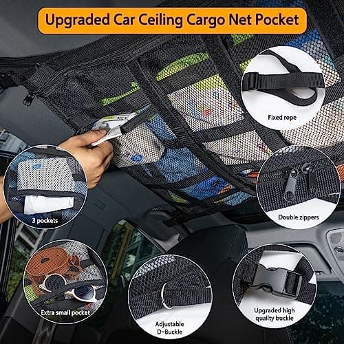 Car Ceiling Cargo Net with 3 Pockets,31.5"x21.6" Reduce Sagging Car Storage Mesh Organizer,Double Layer Roof Mesh Camping Overlanding Gear Must Haves Cargo Net for SUVs,Van,Road Trip Essentials — view 3