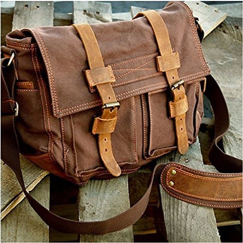 autumndeer Laptop Bag 14.5 inch Mens Vintage Casual Canvas Messenger Bag Men's Military Leather Canvas Travel Briefcase Crossbody Satchel Shoulder School Bag for Notebook Laptop — view 3