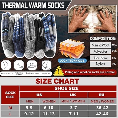 Welwoos Merino Wool Walking Hiking Socks for Women Men Thermal Winter Warm Cosy Crew Work Gift Socks Stocking Fillers 5 Pairs(Blue, 7-11) — view 5