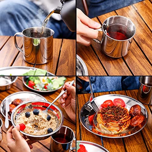 Odoland Camping Cutlery Set - Stainless Steel Tableware Mess Kit Plate Cup Fork Spoon, 7 in 1 Flatware Kit with Mesh Bag - Dinnerware Utensils Set for Outdoor Camping Hiking and Picnic for 4 People — view 6