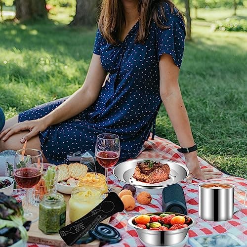 MOUFIER Outdoor Camping Cutlery Set Stainless Steel Tableware Mess Kit Includes Plate Bowl Cup Spoon Fork Knife in Mesh Bags for Camping Backpacking & Hiking for 1 Person, Silver (M028) — view 5