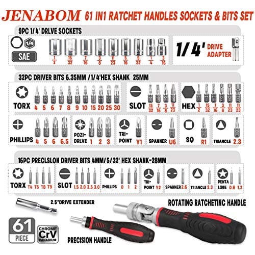 61pc Ratchet Screwdriver Sets, JENABOM Precision Magnetic Screwdriver Bit Set with Ratchet Handle, Repair Tool Kits with Torx & Small Multi Bits, Impact Screwdriver Bit Set in a Storage Case — view 2