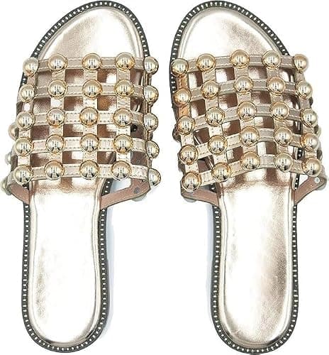 The Walking Style RGD353 PU Studded Caged Slider Sandals for Women Slip-On Summer Sliders for Daily Wear, Travel & Outdoor Use (Rose Gold, UK Footwear Size System, Adult, Women, Numeric, Medium, 3)
