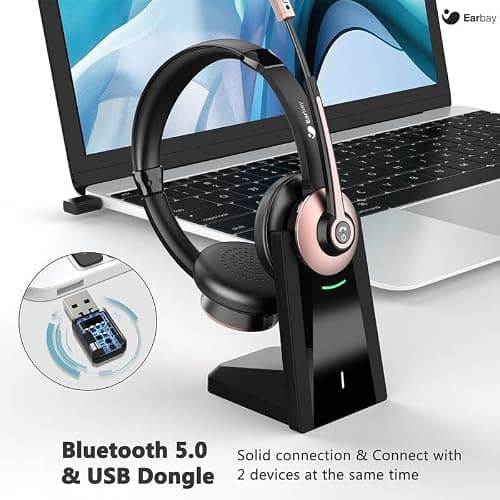 Earbay Wireless Headset, Bluetooth Headphones with Microphone Noise Canceling & USB Dongle, Office Headset with Charge Dock for Mobile Phone Computer Tablet Work Skype Zoom Conference Call Center — view 5