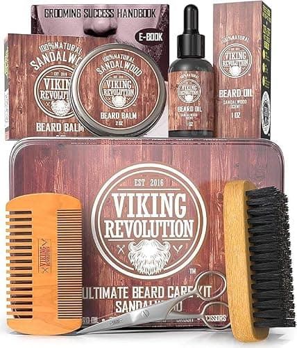 Viking Revolution - Beard Grooming Kit for Men - Ultimate Beard Kit with 100% Boar Beard Brush, Beard Comb, Beard Balm, Beard Oil & More - Gifts for Men - Valentines Gifts for Him - Sandalwood