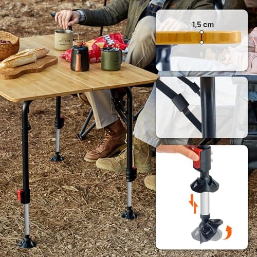 TIMBER RIDGE Bamboo Camping Table Folding Garden Table for 2-6 Persons Height Adjustable 53-70 cm Aluminium Frame Large Picnic Table for Outdoor Camping Caravan Balcony, 100 x 70 cm — view 5