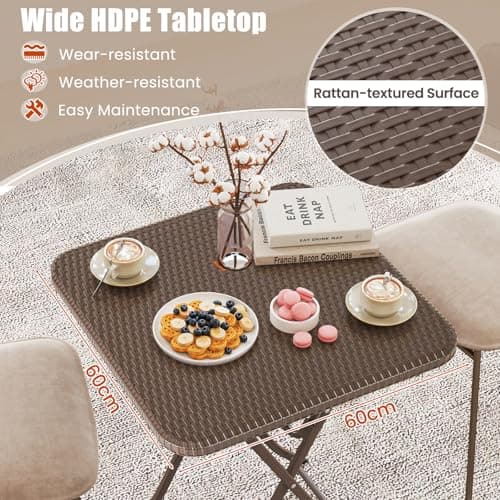 COSTWAY Folding Picnic Table, Portable Square Camping Trestle Table with HDPE Top & Metal Frame, Outdoor Indoor Use for Kitchen Garden Patio BBQ (Brown Rattan Textured Top, 60 x 60 x 72cm) — view 4
